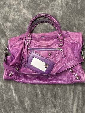 Balenciaga Classic City Bag in Purple Distressed Lambskin Leather